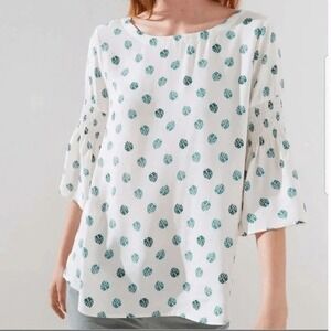 LOFT Women's White Green Leaf Print Bell Sleeve V-Neck Blouse Top Size S